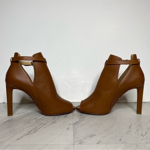 Michael Kors Lawson Open Toe Brown Leather Heeled Bootie 9M - Picture 5 of 16
